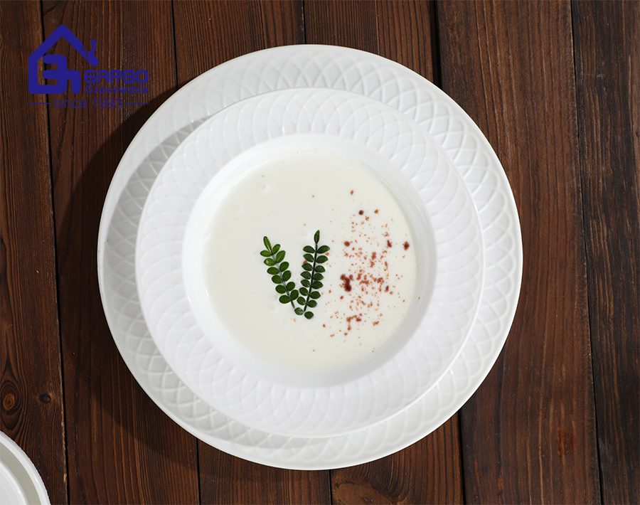 Wholesale pure white soup plate 215mm opal glass dinner soup plate 8.5inch with carved pattern