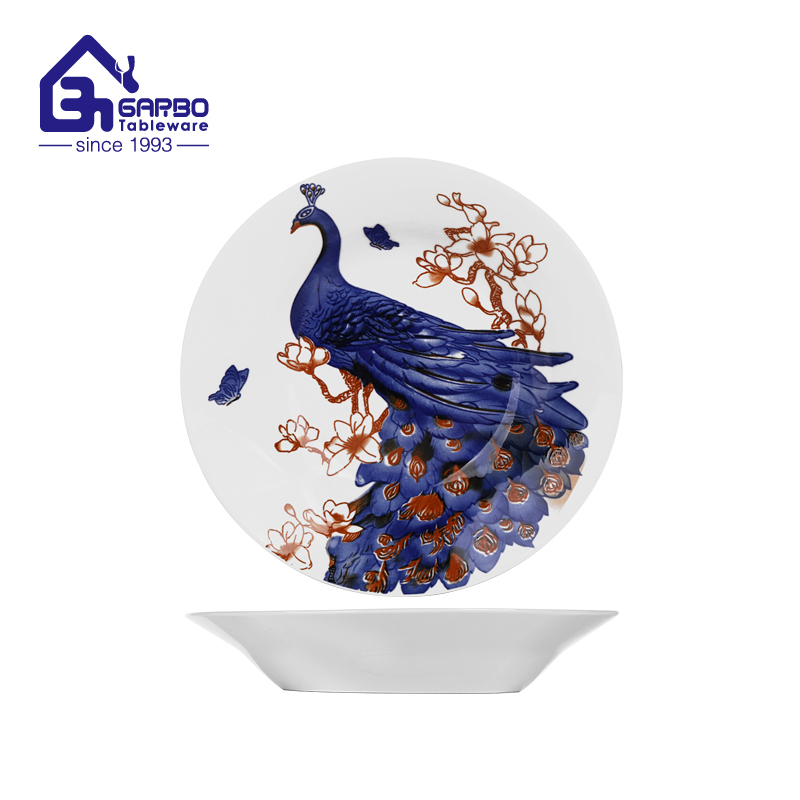 202mm round-shaped ceramic soup plate with peacock decal for sale