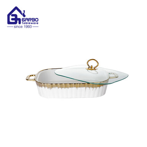 1700ml pocelain baking dish featuring a sleek white design with gold accents and a transparent glass lid factory from China