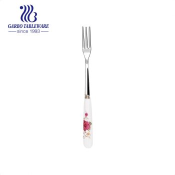 Creative mirror polished stainless steel fruit fork with customized flower design ceramic handle silver salad flatware